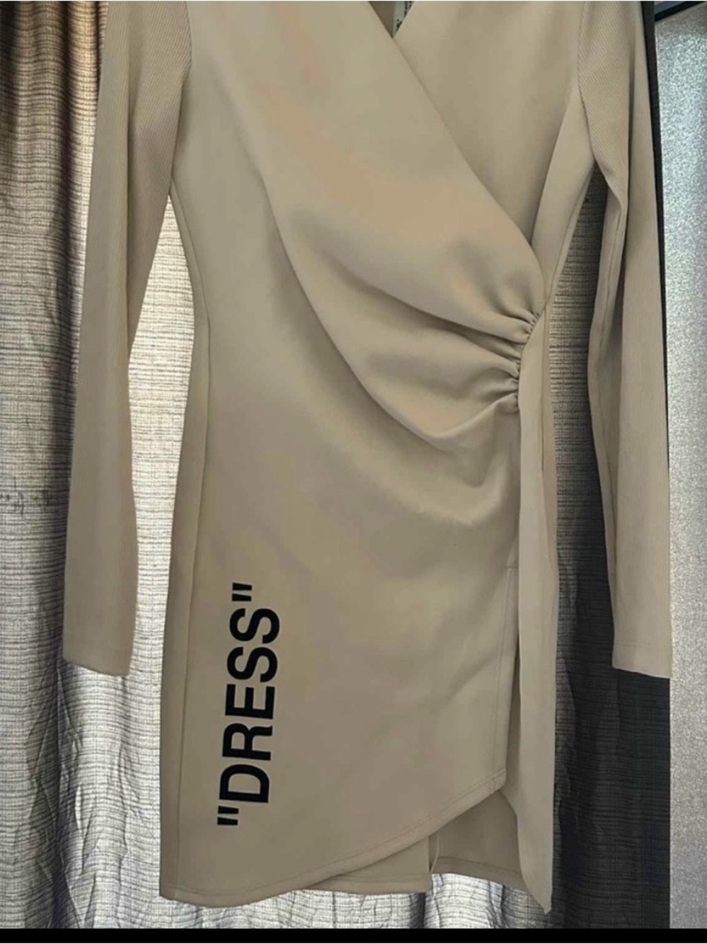 Off-White Taupe Long-Sleeve Wrap Dress with Side Drape